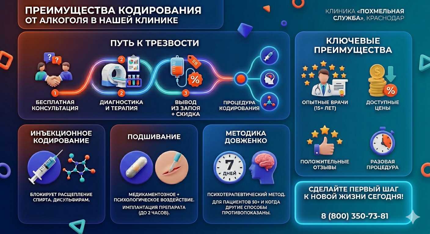 Инфографика о методах кодирования от алкоголя в Усть-Илимске: инъекции, подшивание, метод Довженко. Преимущества клиники и этапы лечения.