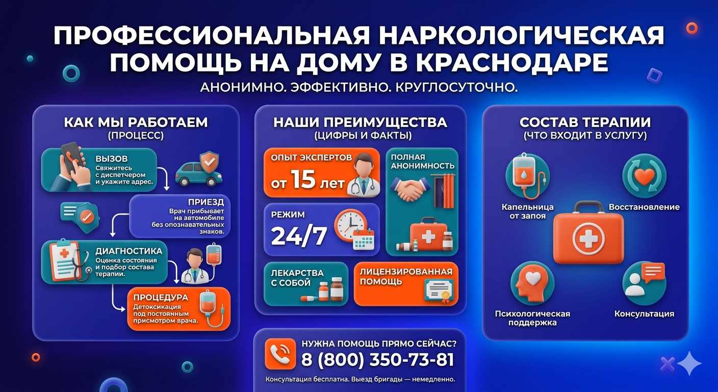 Инфографика о принципах лечения алкоголизма на дому в Усть-Илимске: этапы вызова нарколога, преимущества анонимной детоксикации и состав медицинской помощи.